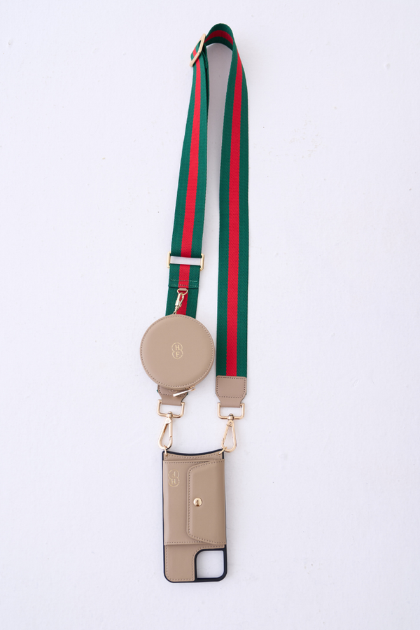 Green and Red Canvas Strap with Round Pouch and Phone Case