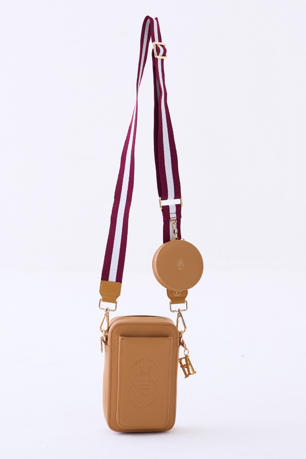 Camel Passport Bag with Burgundy and White adjustable canvas strap and Camel round pouch only