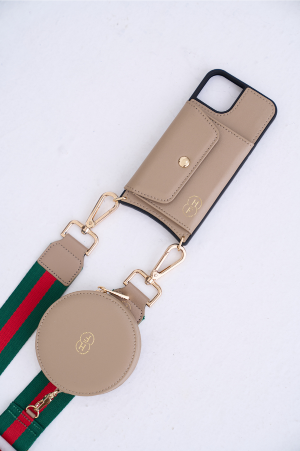 Green and Red Canvas Strap with Round Pouch and Phone Case