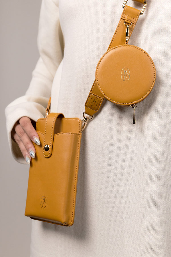 Camel Slip in Pouch with Camel adjustable strap and matching round pouch only