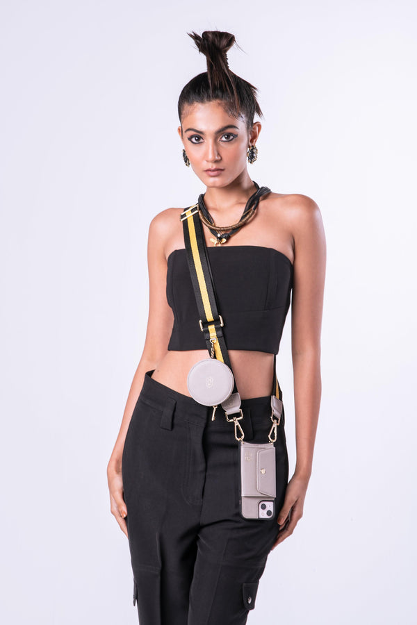 Black and Yellow adjustable Crossbody strap with Grey phone cover