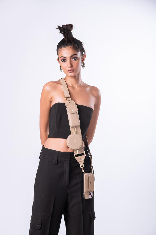 Beige adjustable Utility Crossbody strap with Matching phone cover