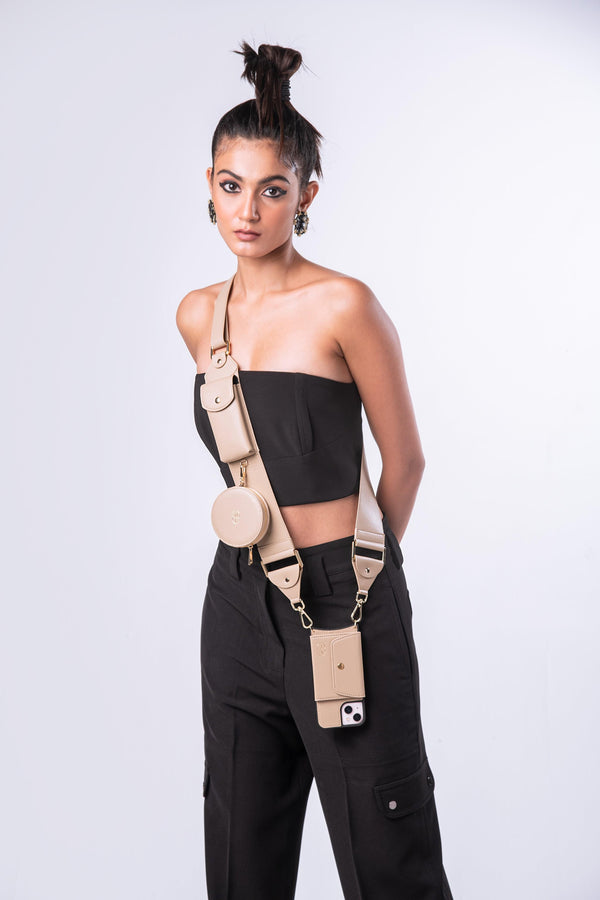 Beige adjustable Utility Crossbody strap with Matching phone cover