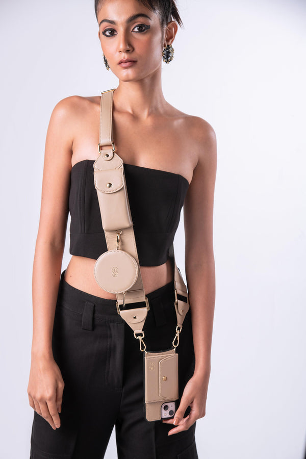 Beige adjustable Crossbody Utility strap with round pouch Only