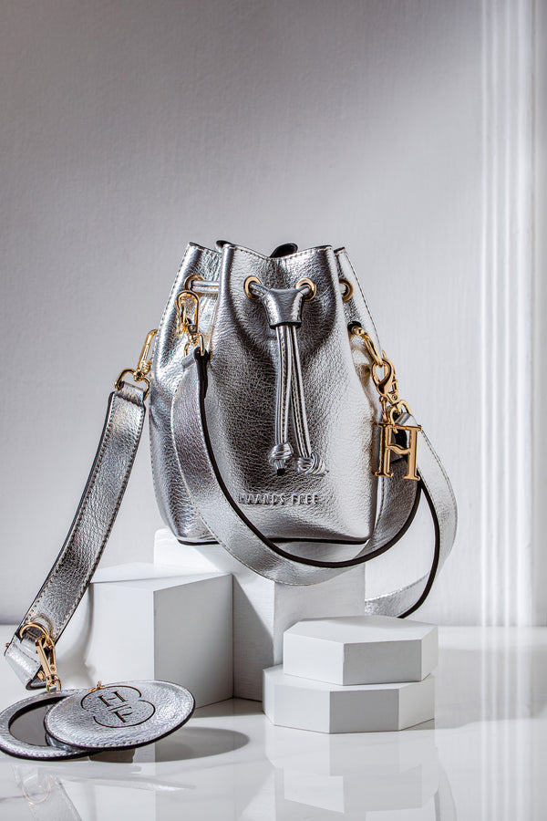Silver vegan leather bucket bag with short detachable strap and long detachable body strap Only