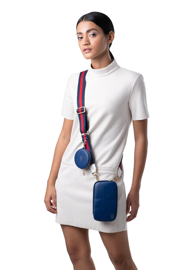 Blue and Red Canvas Strap with round pouch and generic pouch