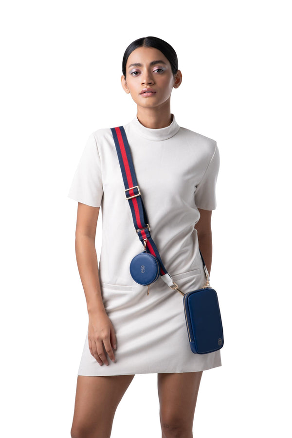 Blue and Red Canvas Strap with round pouch and generic pouch