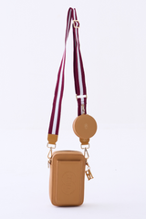 Camel Passport Bag with Burgundy and White adjustable canvas strap and Camel round pouch only