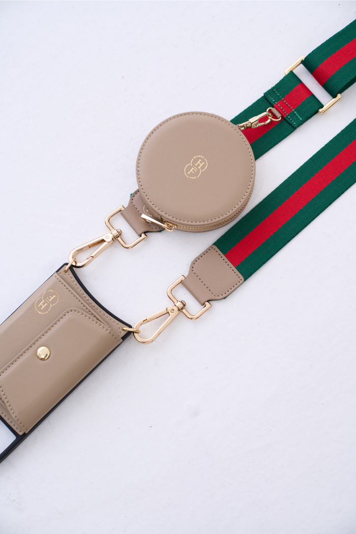 Green and Red Canvas Strap with Round Pouch and Phone Case