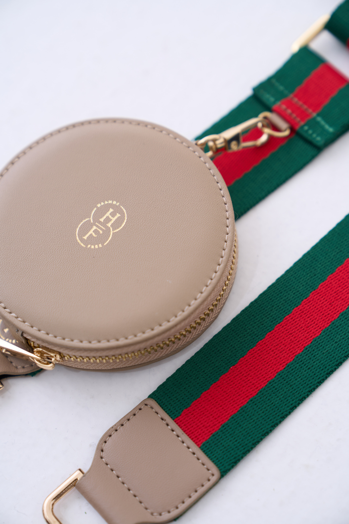 Green and Red Canvas Strap with Round Pouch and Phone Case