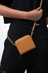 Camel Vegan Leather Crossbody  Gold Chain Strap with rectangular pouch with card holder